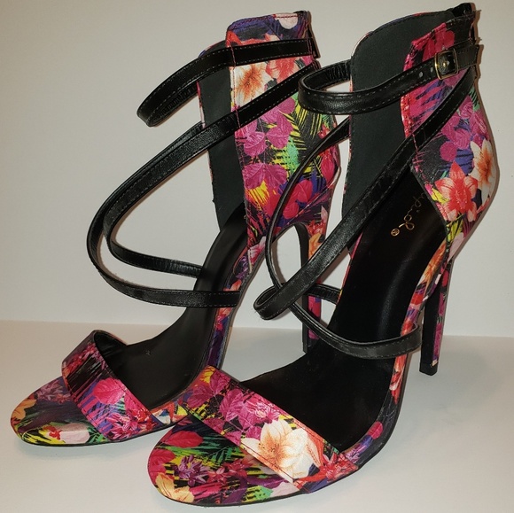 Qupid 5" Floral Ankle Cuff Strappy Heels - Picture 6 of 7